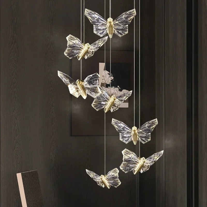 Crystal butterfly pendant lamps indoor home decor LED lighting bedroom bedside hotel lobby stairs Hanging light fixtures
