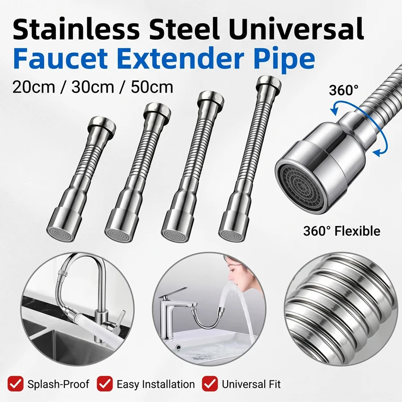 20/30/50cm Stainless Steel Faucet Extender 360° Rotation Water Tap Extension Hose Kitchen Sink Water Saver Nozzle