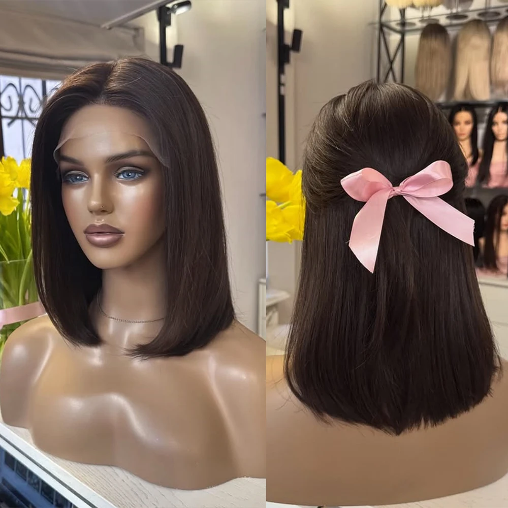 Chocolate Dark Brown Straight Bob Wigs 13x4 Lace Frontal Wigs Synthetic Short Straight Transparent Lace Front Wigs For Women