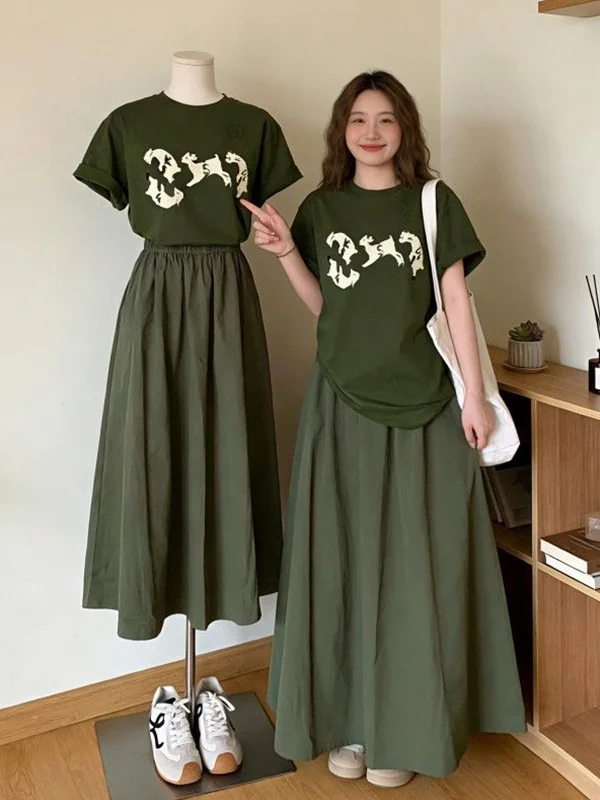 

plus Size A-Line Skirt And Short Sleeve Printed T-Shirt Set for Women High Waist Cover up Summer Fashion Casual Wear