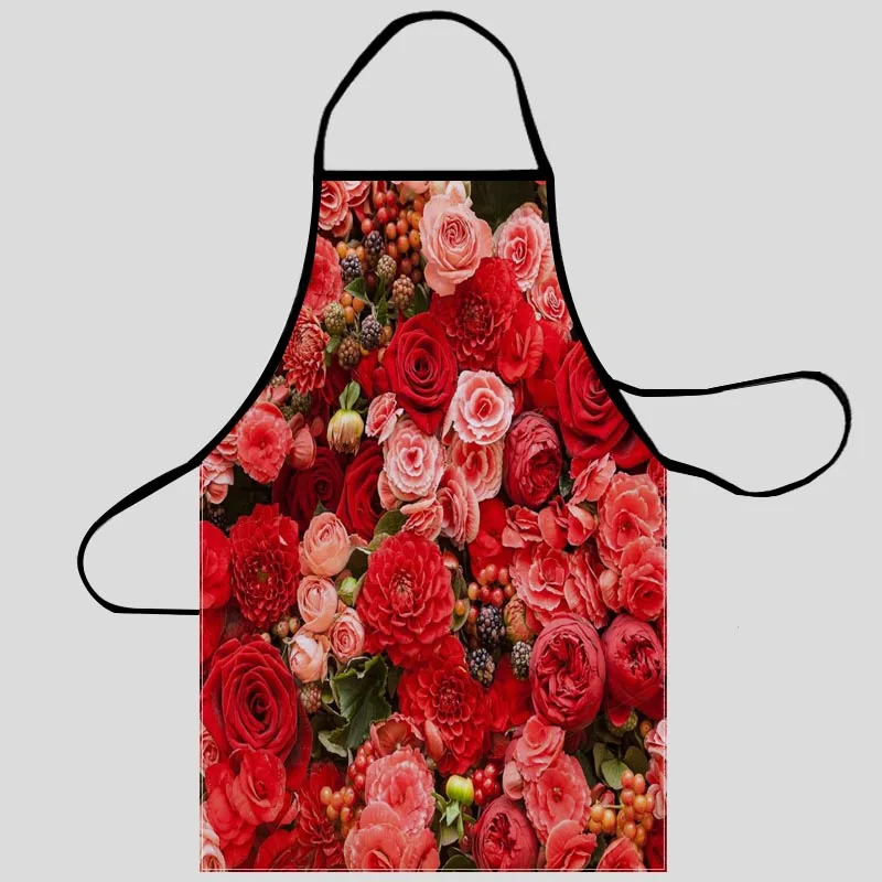 New Classic Red Rose Apron Kitchen Aprons For Women Oxford Fabric Cleaning Pinafore Home Cooking Accessories Apron