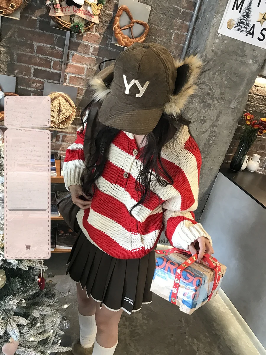 

Свободный вязаный свитер в красную полоску, женский осенне-зимний новый свободный трикотаж в стиле ретро, ленивый элитный топ