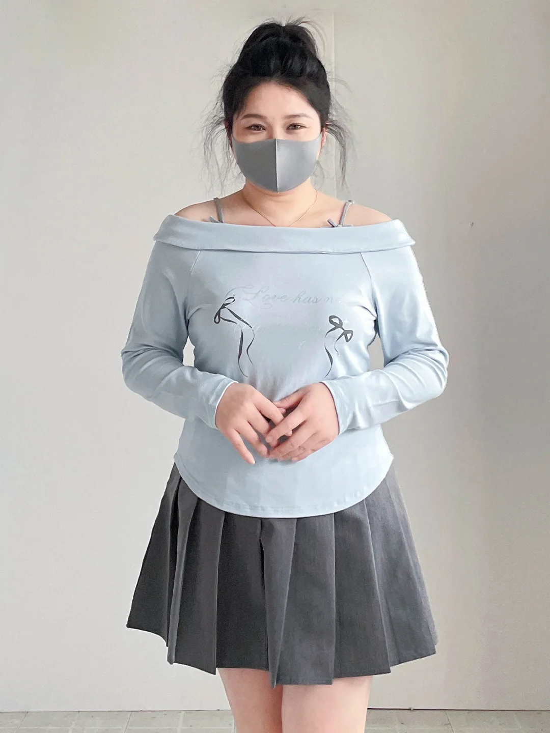 

Женская футболка больших размеров из модала с открытыми плечами и длинным рукавом, базовая, для ношения под одеждой, повседневная, и короткая юбка с высокой талией, весенняя коллекция