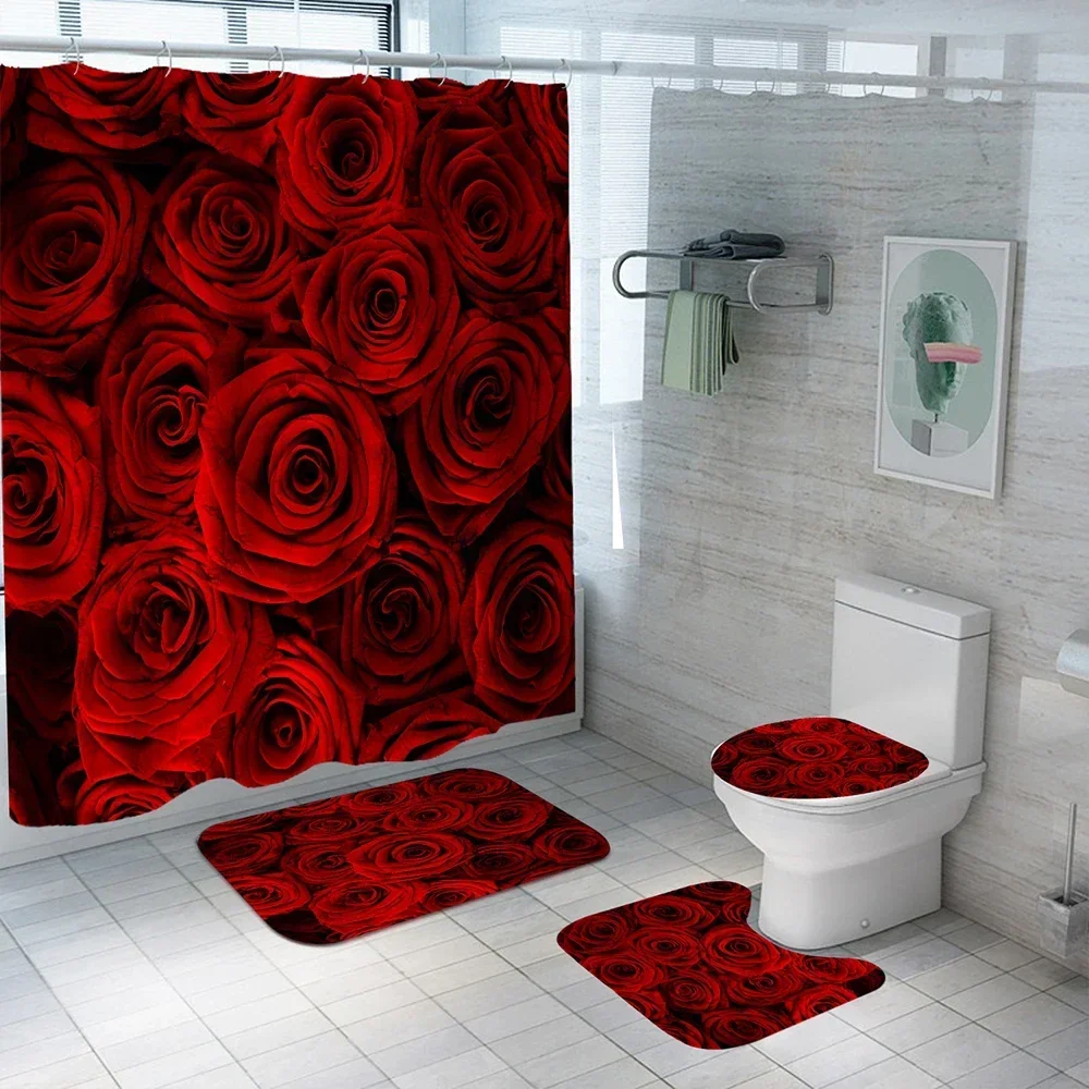 Red Rose Flowers Pattern Shower Curtain Set with Rugs Waterproof Bathing Screen Anti-slip Toilet Lid Cover  Bathroom Decor