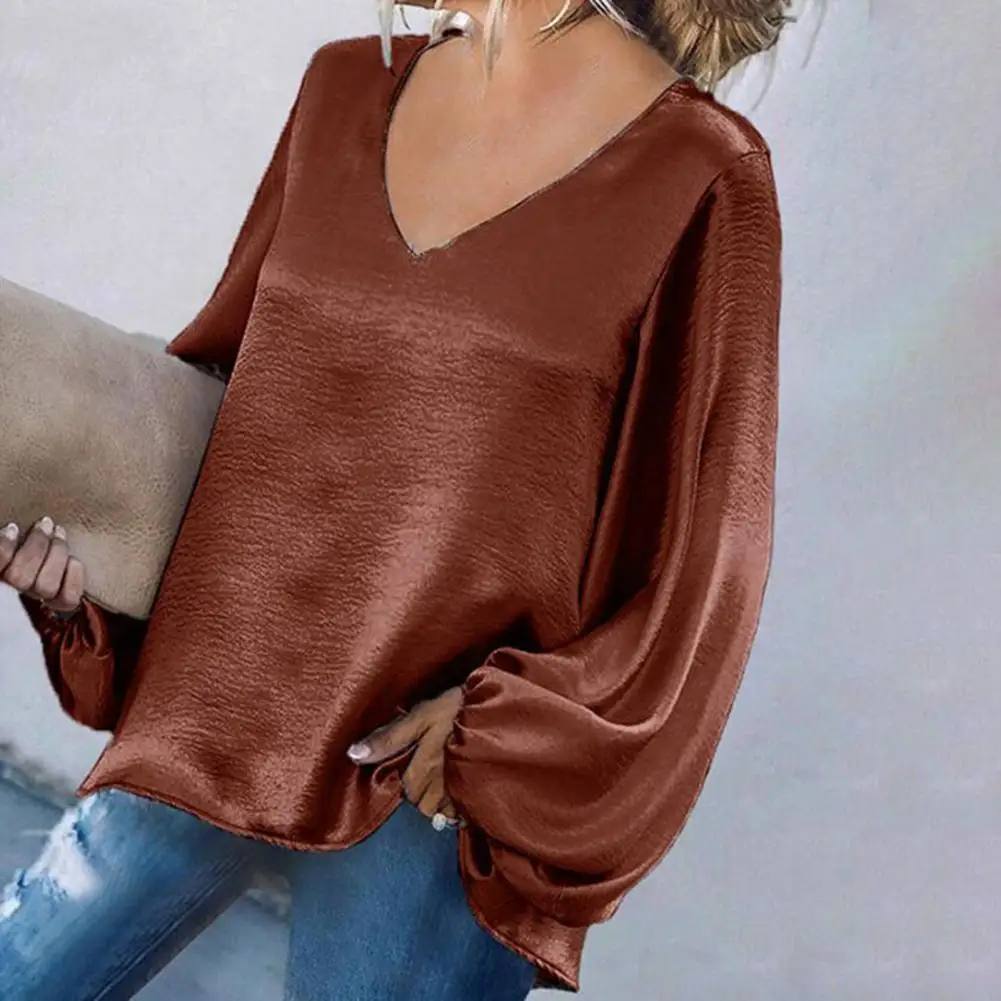 Solid Color Women Blouse Lantern Long Sleeve Simple Satin V-Neck Autumn Blouse Streetwear