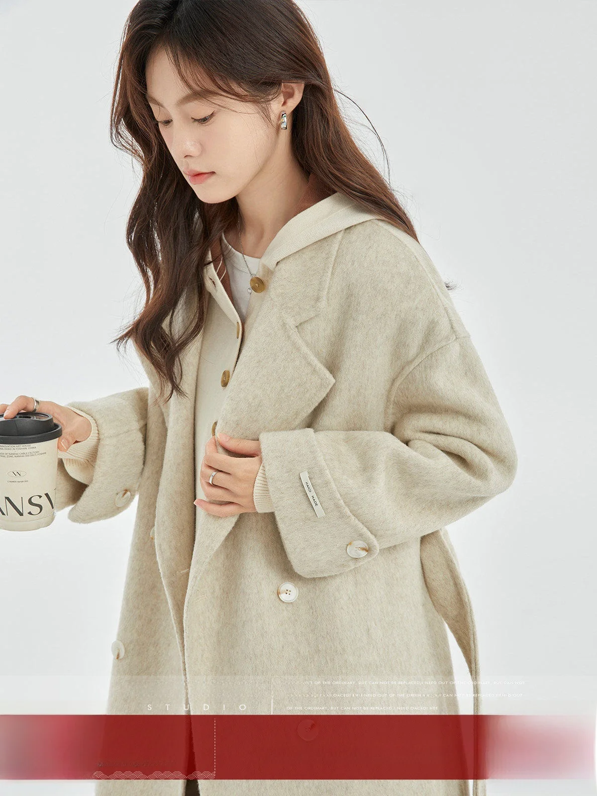 

MoZao Autumn Winter Double-Faced Camere Long Coat Women's Faion Ele Khaki Woolen Coat Vintage Sle Lapel Coat