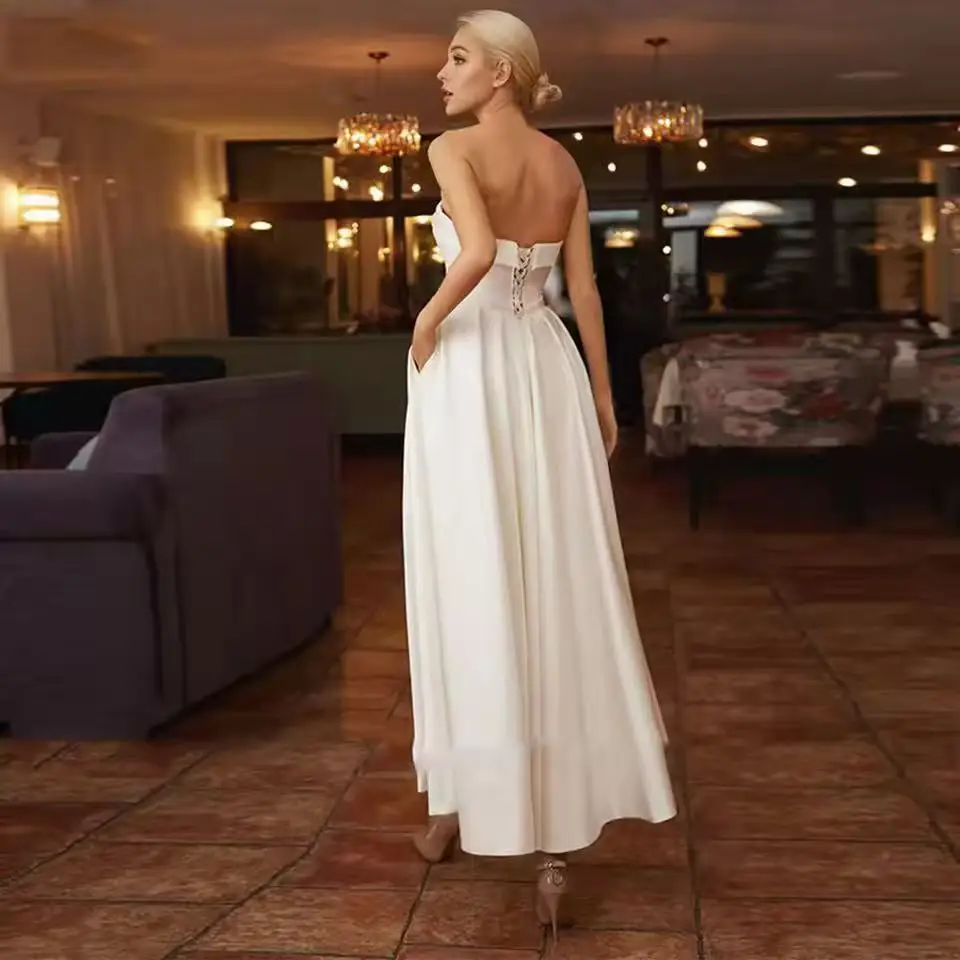 Customize Satin Wedding Dress With Pockets Strapless Ankle Length Simple Bride Dresses Lace-Up Back Vestidos Novia Robe De