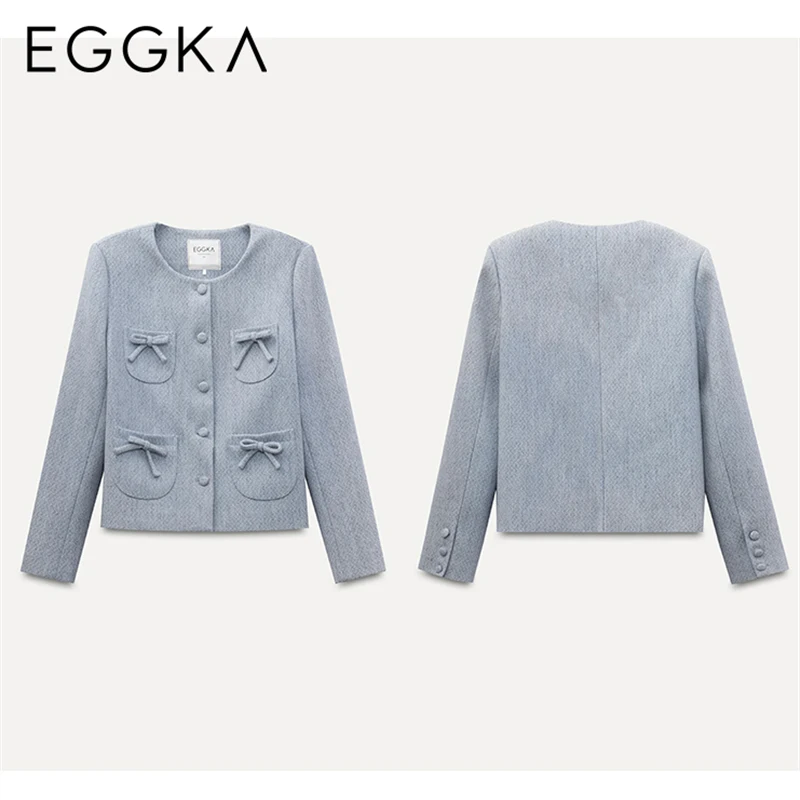 EGGKA Bow Pockets Designer Short Coats Women Autumn Winter New Elegant Jackets Korean Style Classy Coat Lady Commute Outerwear