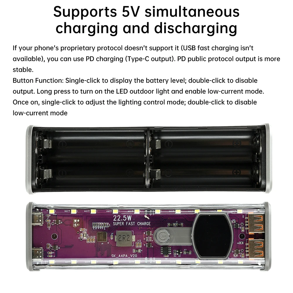علبة بطارية 22.5 وات 8 × 18650 مبيت بنك طاقة شفاف خالٍ من اللحام يدعم وضع التيار المنخفض ومنافذ مزدوجة من النوع C #6