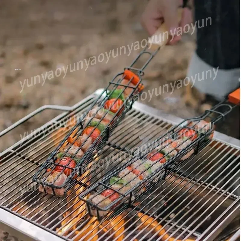 Wooden Handle Barbecue Cage Outdoor Camping Meat and Vegetable Barbecue Rack Picnic Barbecue Tools Charcoal Grilled V4K0R7