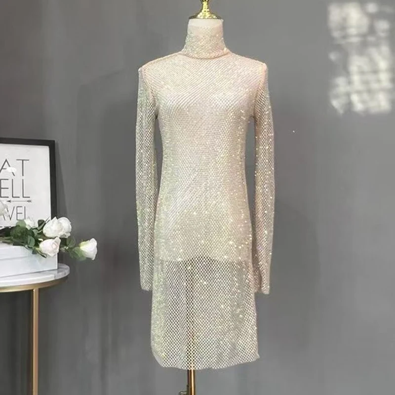 Damen Glänzendes Strass-Mesh-Midikleid mit Rollkragen, Langen Ärmeln, Durchsichtiges Bodycon-Kleid, Sexy Schlankes Party-Nachtclub-Abendkleid – Detail 7