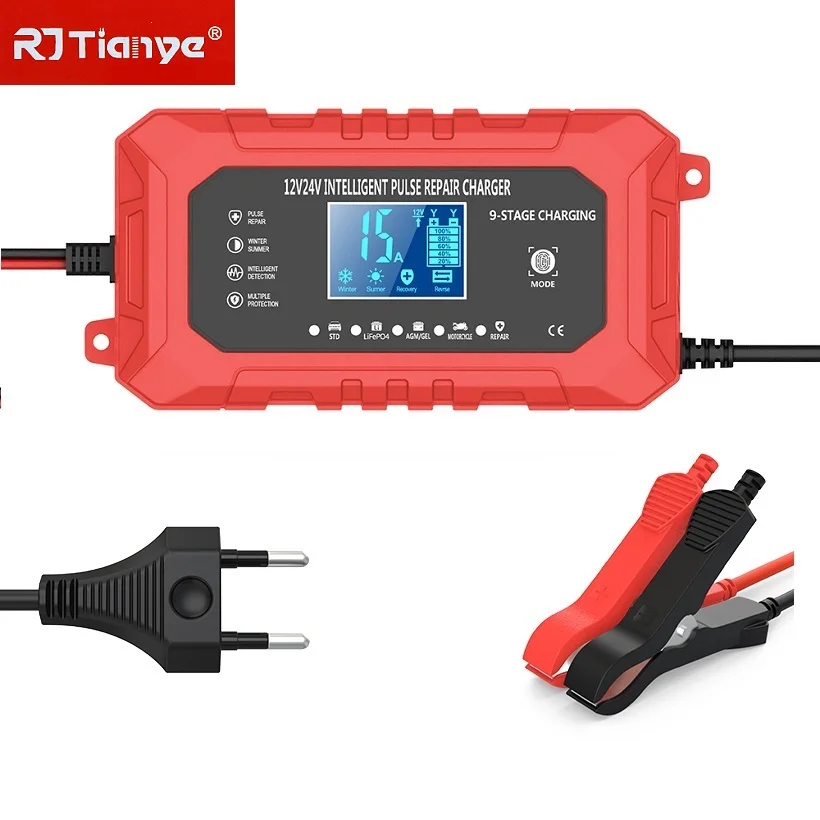 

EU Plug Car Battery Charger 12V15A/24V8A Smart Pulse Repair for Agm Gel Wet Lead Acid Charging LCD Display