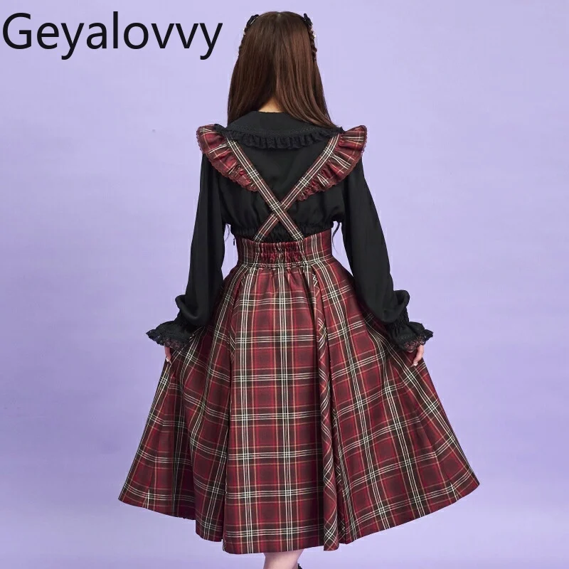 Herbst Neue Massenproduzierte College Stil Muster Flattern Ärmel Strap Midi Rock Süße Mädchen Hohe Taille Dünne Lange Hosenträger röcke