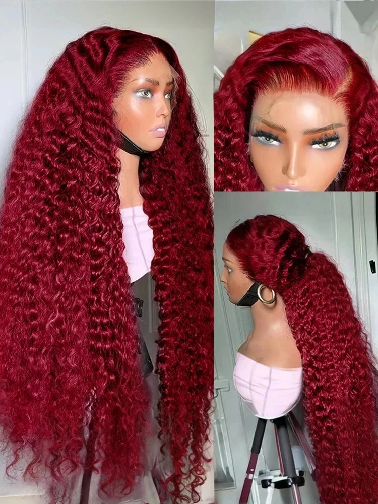 Tewjig 99J Burgundy Deep Wave Curly 13x4 13x6Front Wigs HD Transparent Lace 200 Density Wigs 30 34 Inch for Black Women