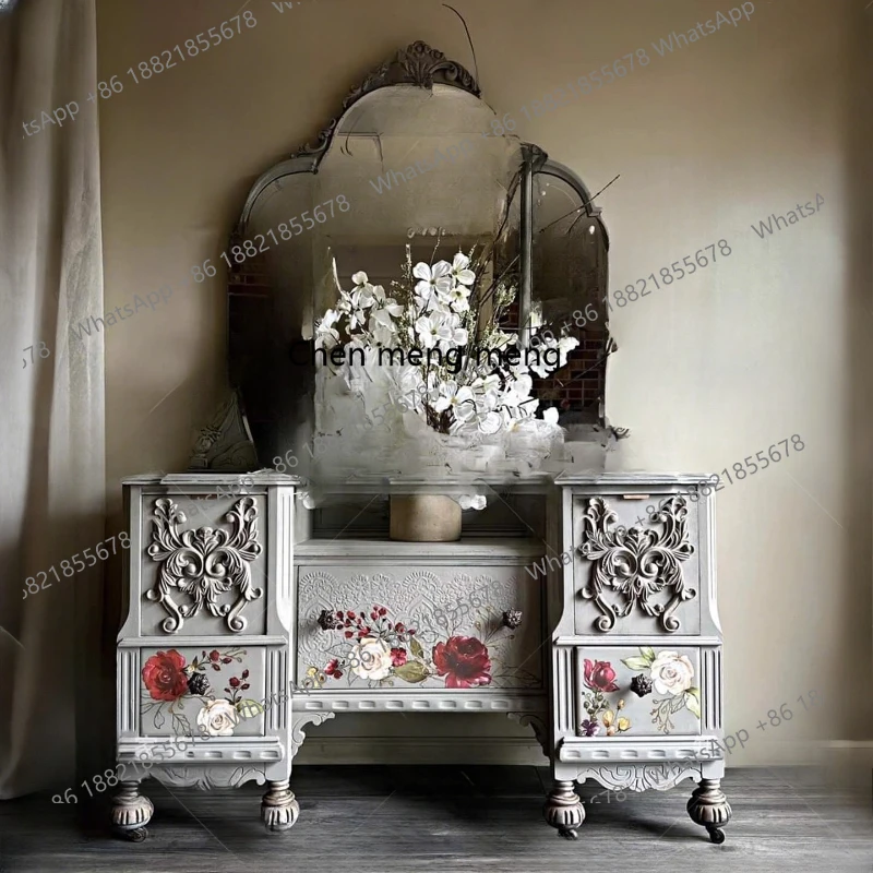 

French retro carved solid wood painted dresser small apartment household bedroom makeup table