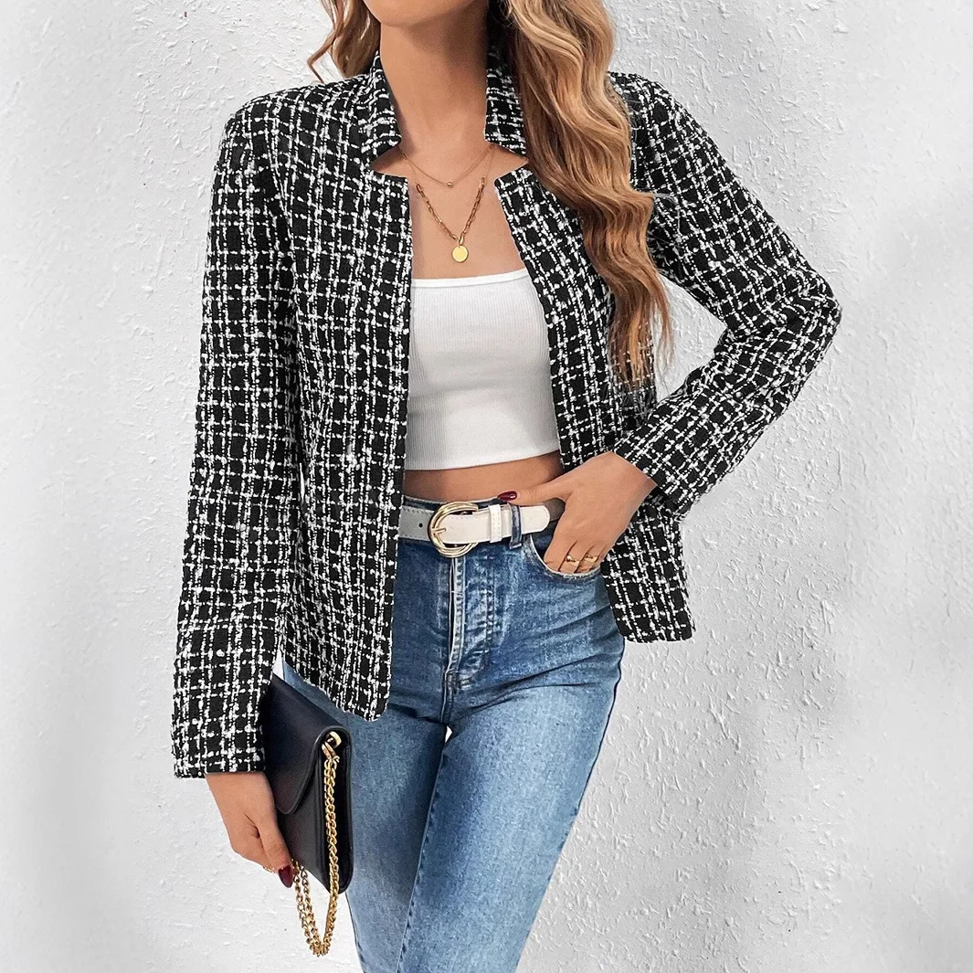 Blazer xadrez tweed manga comprida com gola aberta frontal casual jaqueta de festa de escritório roupas vintage para mulheres