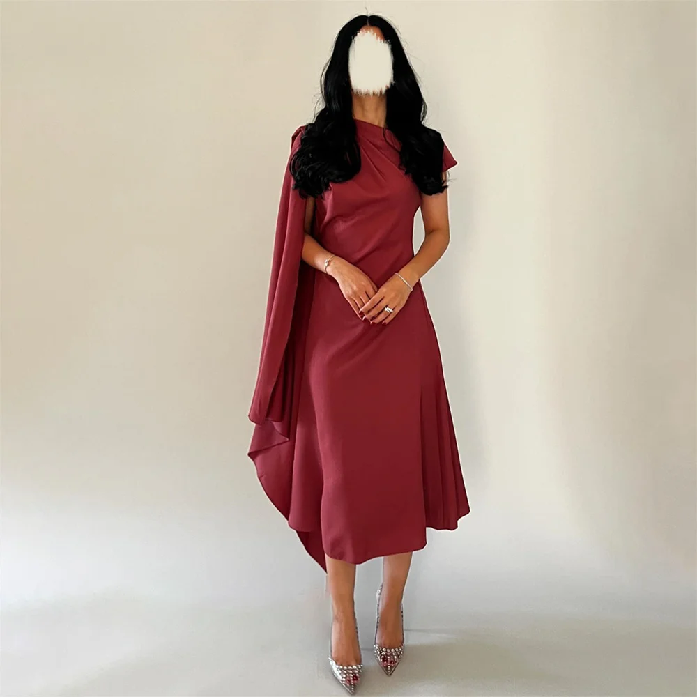 Elegant Party Dresses 2024 Dark Red Party Evening Dresses O Neck Short Sleeves Wedding Gowns Tea Length A Line Graduation Dresse