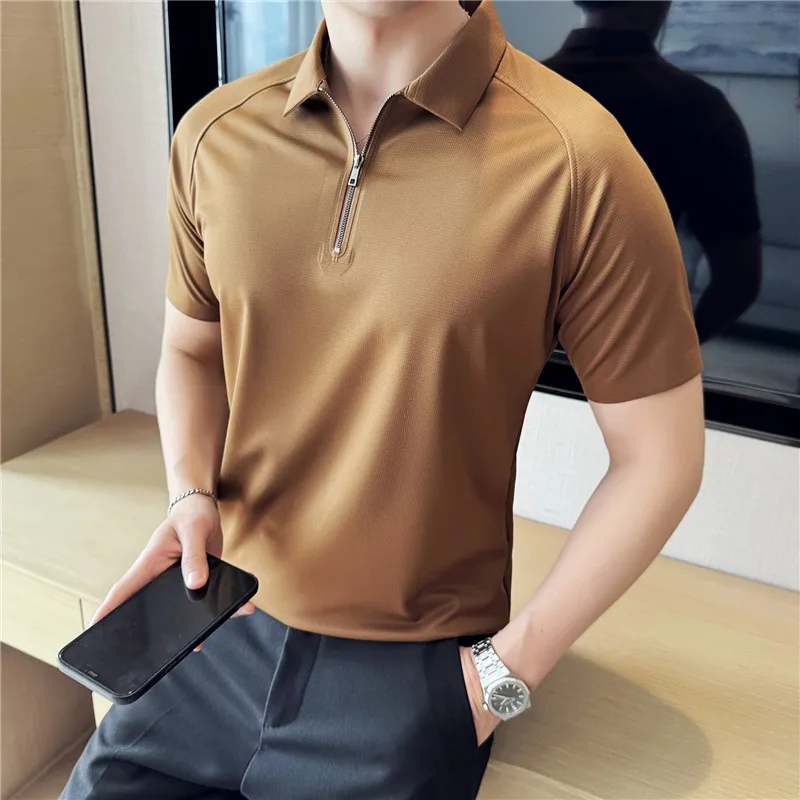 

2024 Summer Waffle Ice Silk Solid Men Polo Shirts Fashion Zipper Design Lapel High Elasticity Casual T-shirt Streetwear 4XL-M