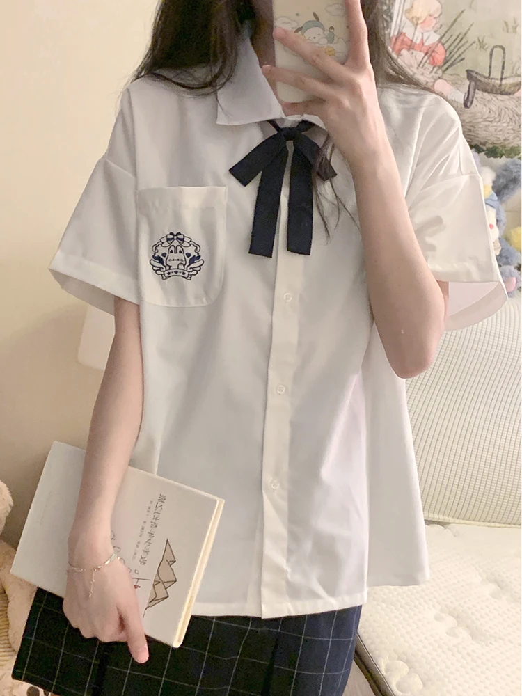 

Original Design White ort Sve irt for Women Tokyo Annual Record Pure Color School orm Sle Summer ort Sve Bl...