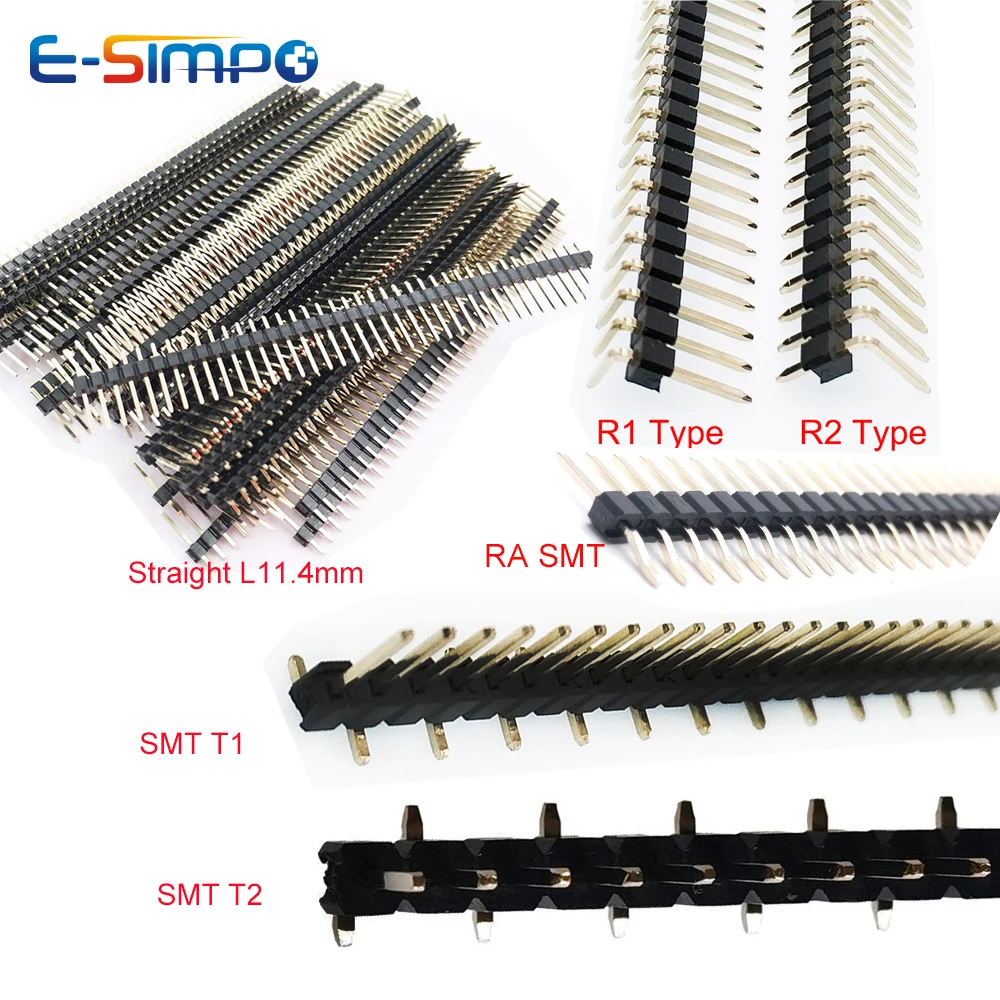 10pcs 2.54mm Pin 1X40P R1 R2 Right Angle SMD SMT Board Spacer Single Row Gold PCB Male Berg Strip Pin Header Connector