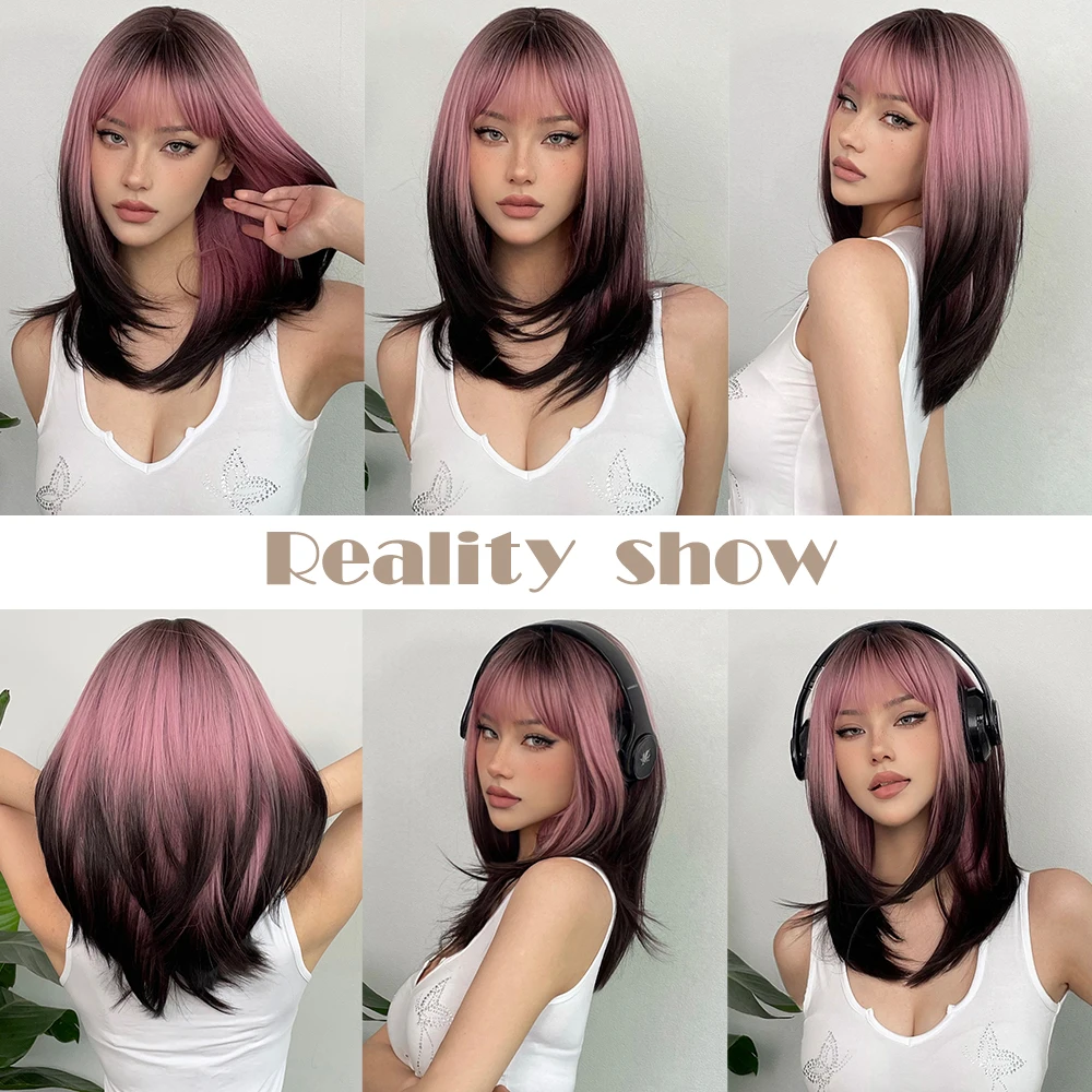 ALAN EATON Black Pink Ombre Synthetic Wigs for Black Women Long Layered Straight Wig Mixed Colored Cosplay Hair High Temperature