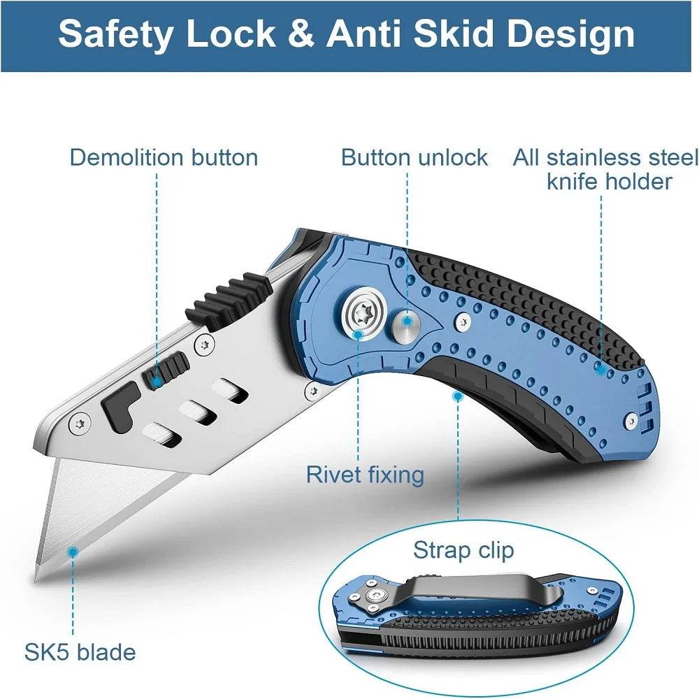 Folding Utility Knife Duty Retractable Box Cutter  Quick Blade Change Anti-slip Metal Body  with Safety Lock and 5 Extra Blades