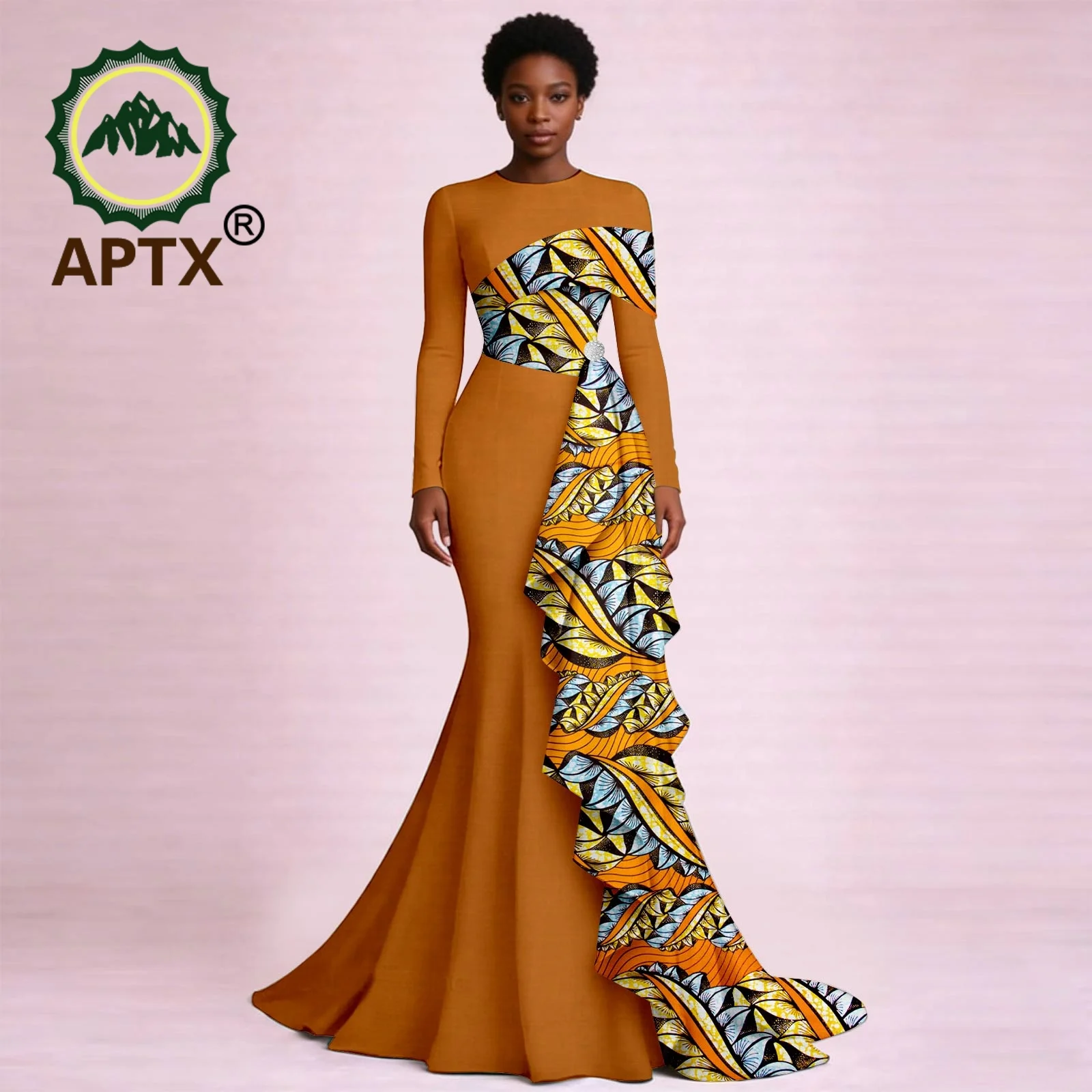 African Dress for Women Ankara Print O-Neck Long sleeve Floor-Length Patchwork Flounced edge Dress Dashiki Casual Party