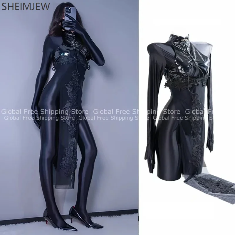 

Sexy Women's Cheongsam Pu Lace Tights Stitching High Slit Dress Glossy Jumpsuit Halloween Role Play Nightclub Carnival Uniform