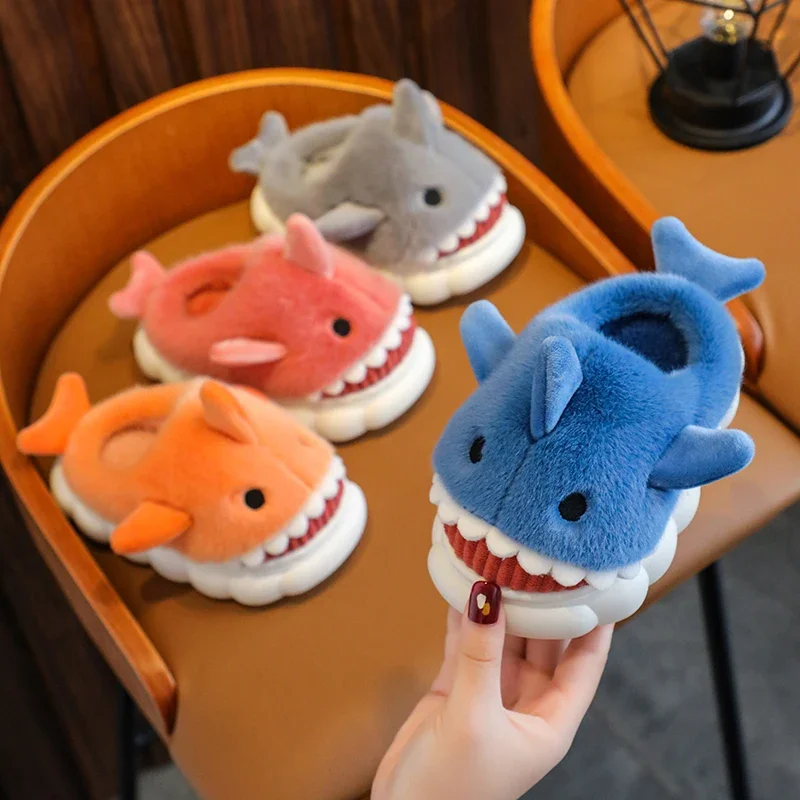 2024 New Winter Children\'s Fluffy Slippers Cute Shark Non-slip Flip Flops For Girls Boys Mule Warm Plush Home Kids Cotton Shoes