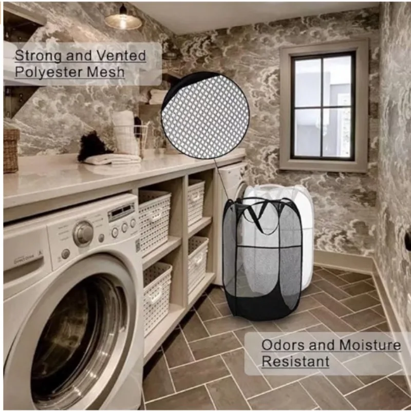 سلة غسيل محمولة قابلة للطي، نمط منبثق شبكي قابل للطي مع مقابض معززة مناسبة لغرف الأطفال والمساكن والسفر