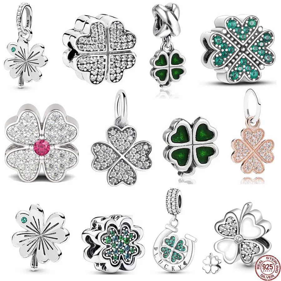 New 925 Sterling Silver Four Leaf Clover Sparkling Rose gold Horseshoe Pendant Charm Beads Fit Original Pandora Bracelet Jewelry