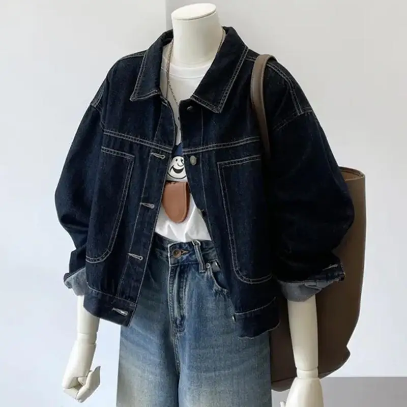 

Женская осенняя синяя укороченная джинсовая куртка, повседневная уличная одежда в стиле карго с карманами большого размера