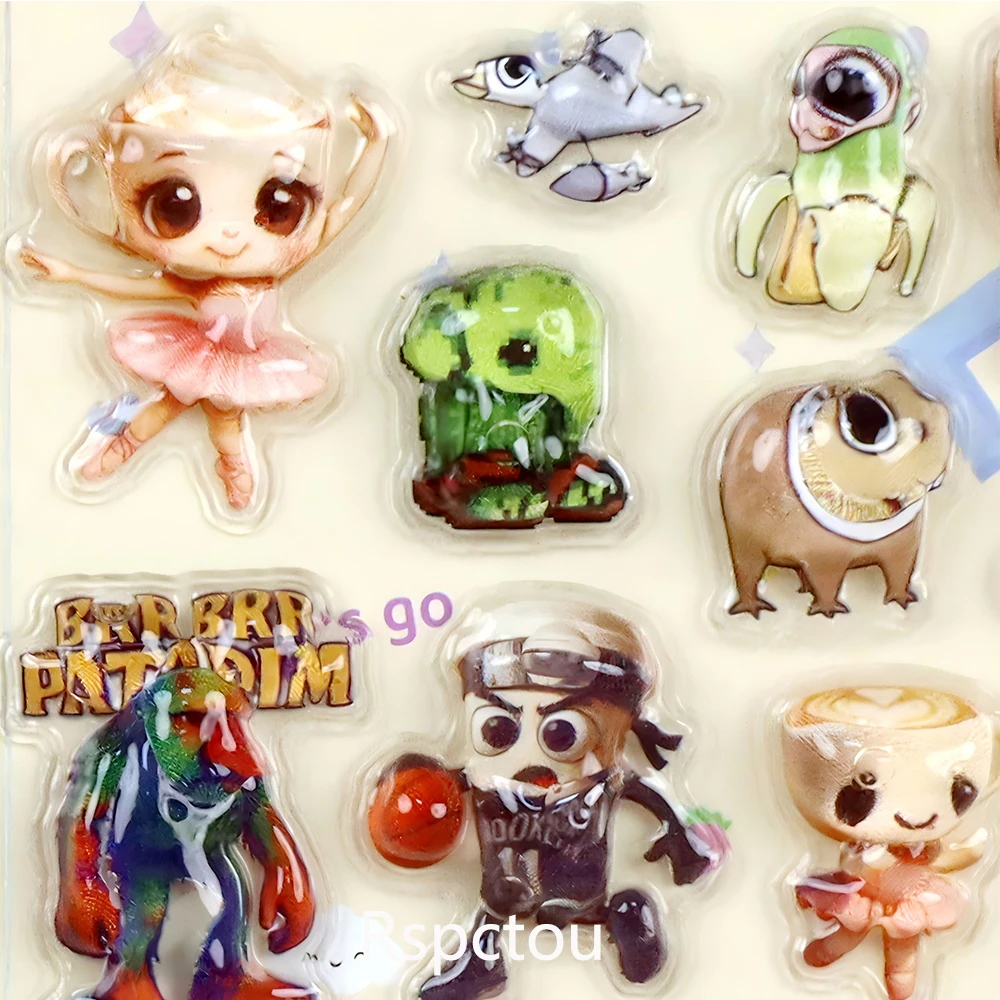 4 stks Creatieve Tung Tung Sahur 3D Puffy Bubble Stickers Italiaanse Brainrot Abstract Dier Cartoon Decals Decoratie Speelgoed Gift