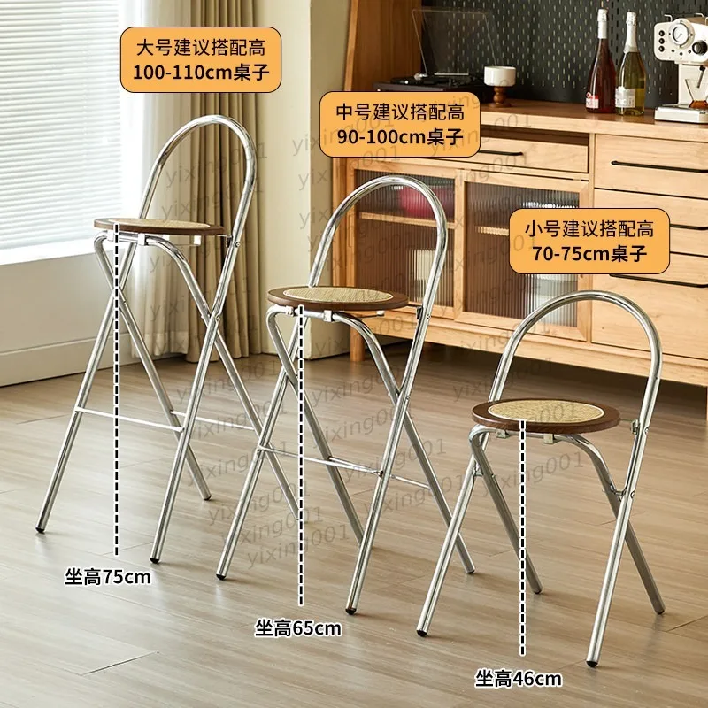 Vintage Folding Rattan Bar Stool Stackable Solid Wood High Chair with Back for Home Bar