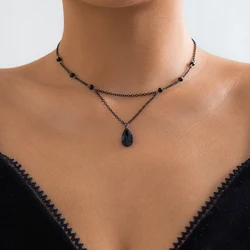 PuRui Gothic Crystal Beads Ball Chain Necklace for Women Black Drop Shape Pendant Choker Simple Girls Jewelry Y2K Accessories