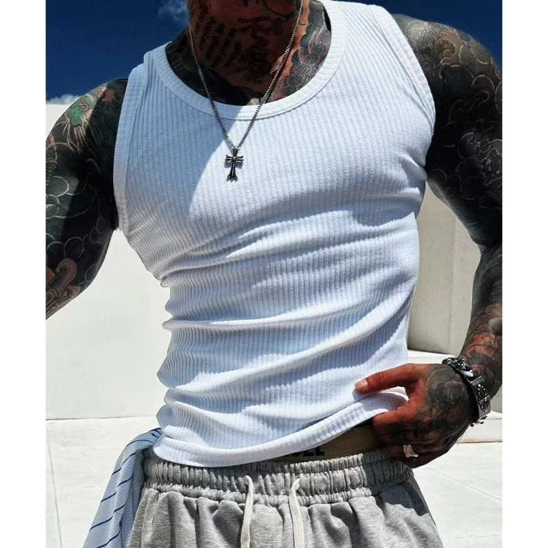 100% Baumwolle Tanktop für Herren Einfarbig O-Ausschnitt Geripptes Ärmelloses Atmungsaktives Bodybuilding T-Shirt Sportbekleidung Elastisches Freizeit-Unterhemd