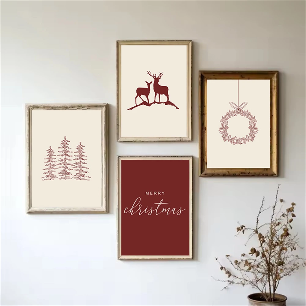 

Beige Red Minimalist Christmas Tree And Elk Canvas Painting Happy Christmas Wall Art Poster Prints Modern Living Room Home Decor