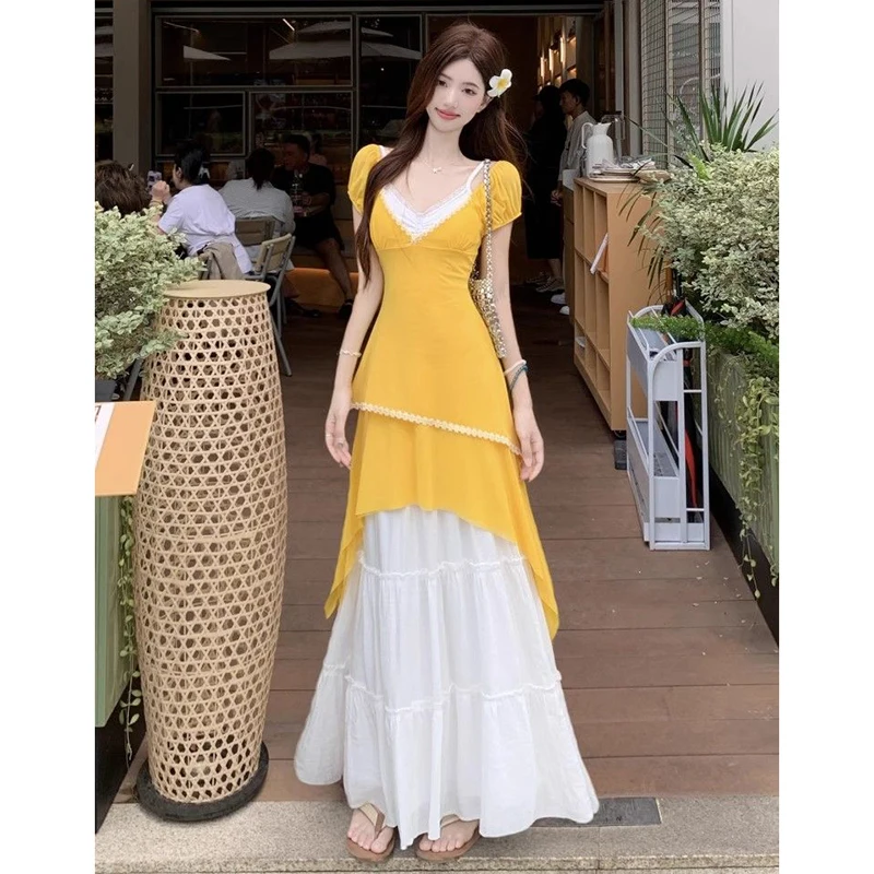 

Elegant 3 Piece Skirt Set Women Buttercup Asymmetric Summer Slim Top Snow White Tiered Pretty Style Sweet Harajuku Skirt