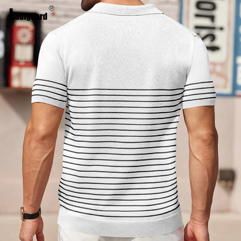 2024 Knitting Polo Shirt Men Elegant Business Striped Shirts Office Mens Patchwork Basic Knitwear Lepal Collar Pullovers New