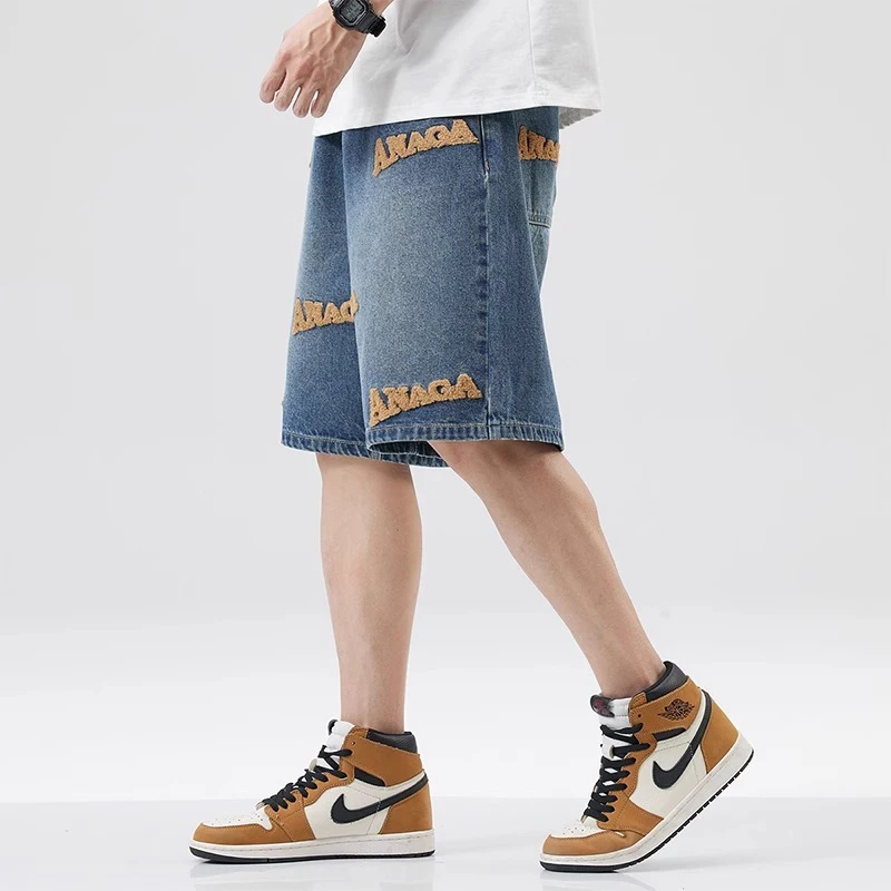Summer Trend Men Loose Embroidered Denim Short Pants American HIP HOP Casual Straight Leg Jeans Male Daily Comfortable Shorts