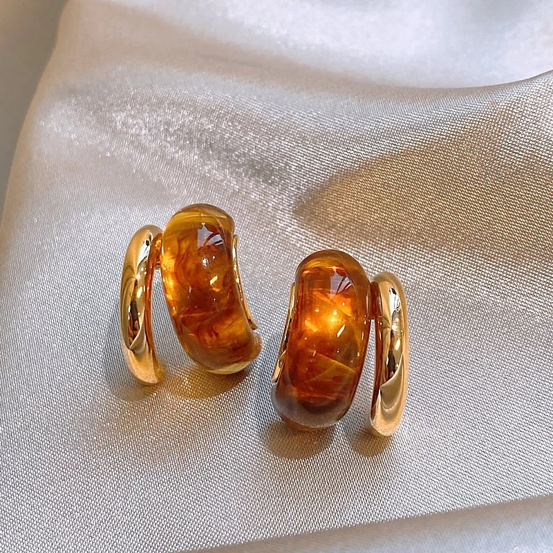 Double-layer Acrylic Amber Color C Shape Stud Earrings Retro Ear Studs for Women Trendy Daily Party Jewelry Accessories Gift K1