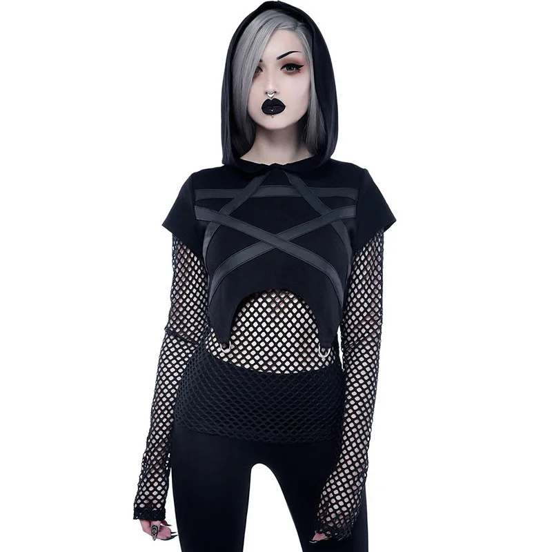 Black Women's Gothic Mesh Panel Hoodie Slim Top T-Shirt  Long Sleeve Dropshipping