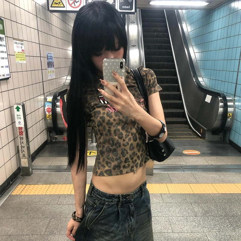 Karrram Japanese Y2k Leopard Print T-shirt Trashy 2000s Style Letter Top Vintage Harajuku Short Sleeve Streetwear American Retro