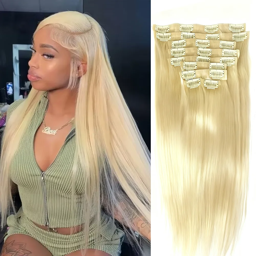 

Invisible PU Weft Clip in Hair Extensions Human Hair 613 Blonde Straight Seamless Clip ons Hair Extensions Invisible Clip ins