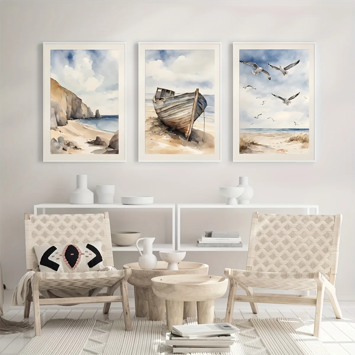 مجموعة فنية جدارية لمناظر شاطئ البحر الساحلية - ملصقات قماشية عصرية معاصرة مكونة من 3 قطع للشاطئ والقوارب وطيور النورس، إطار