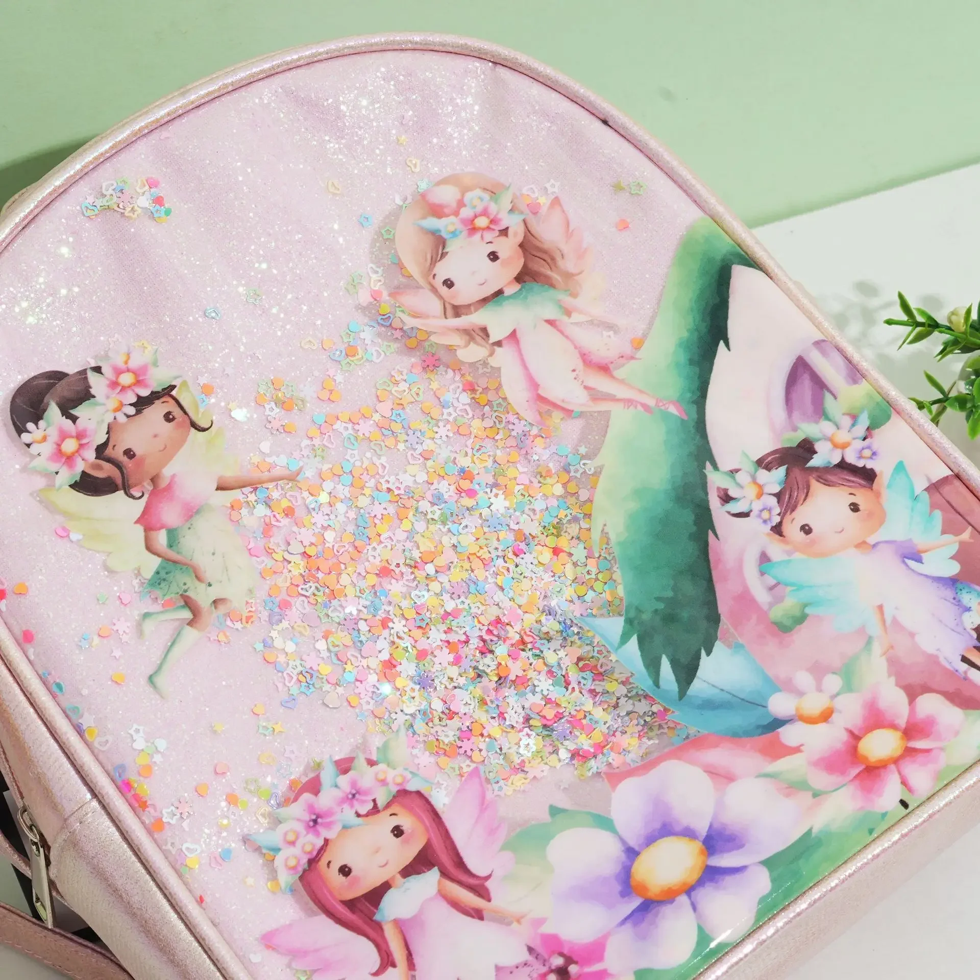 Little Girls Sequin Print Fairy Backpack Shiny Loose Powder Student Schoolbag Toddler Cartoon PU Printed Rainbow Backpack