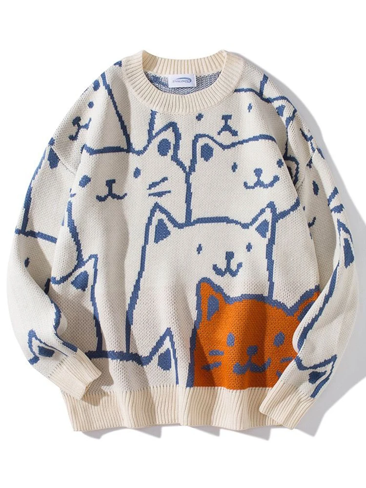 

Cartoon Cat Sweater Knitted Pullover Female Oversized Loose Jumper Ladies Preppy Style Knitwear Autumn Winter Warm Pull Femme