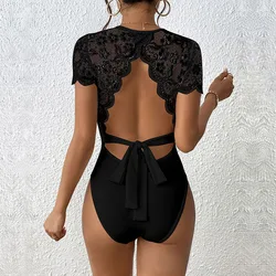 Body negro de manga corta para mujer, cuello redondo, Control de barriga, camisetas sin mangas con espalda descubierta, traje de cuerpo, tangas, monos, ropa de verano