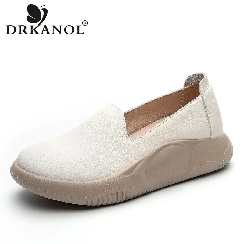 

DRKANOL Women Slip On Loafers Solid Color Genuine Leather Shallow Flat Platform Shoes Spring Summer Lightweight Single Shoes