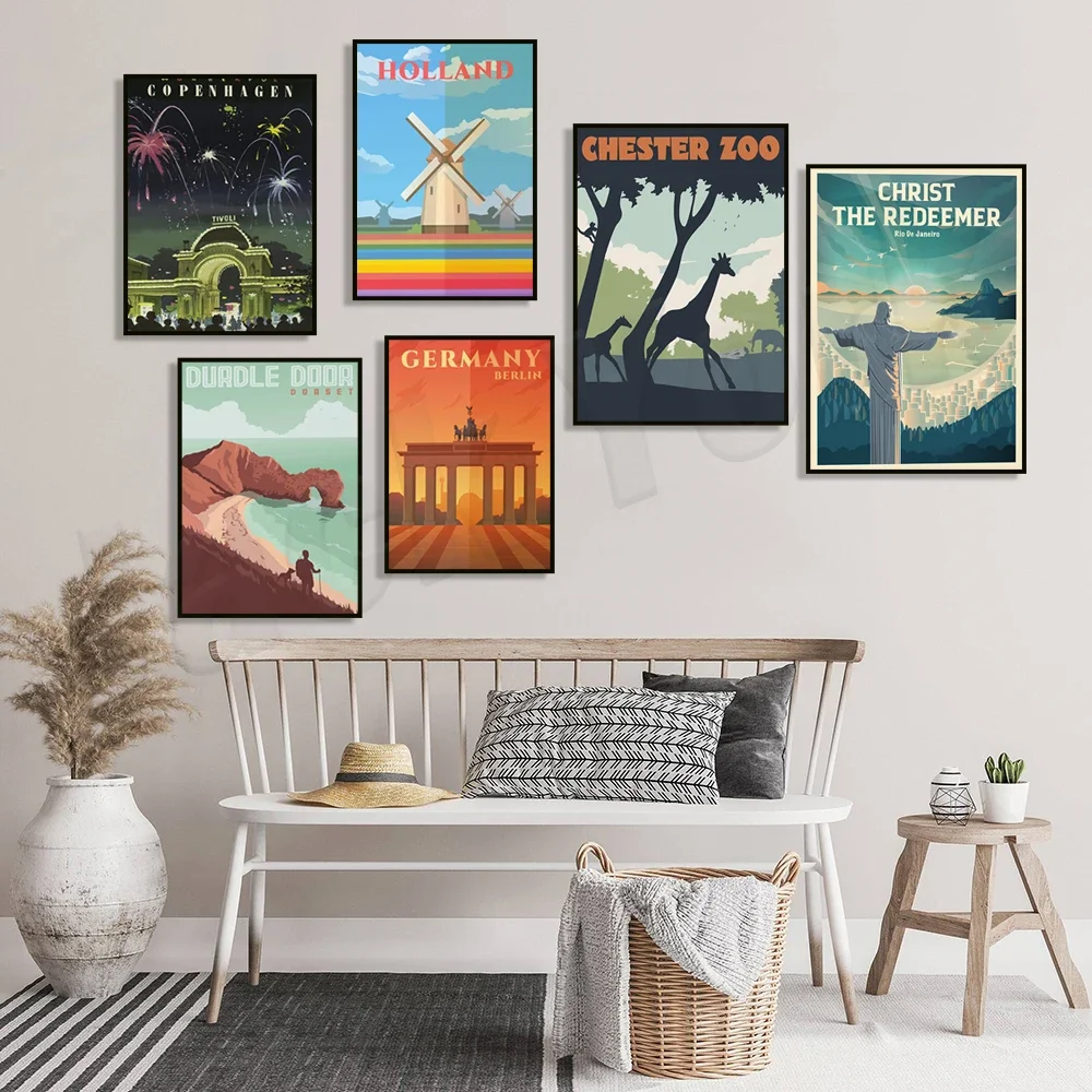 Travel posters for Copenhagen, Sydney, Berlin, Hong Kong Buddha, Durdle Door, Chester Zoo, Kyoto Japan, Yorkshire Coast USA